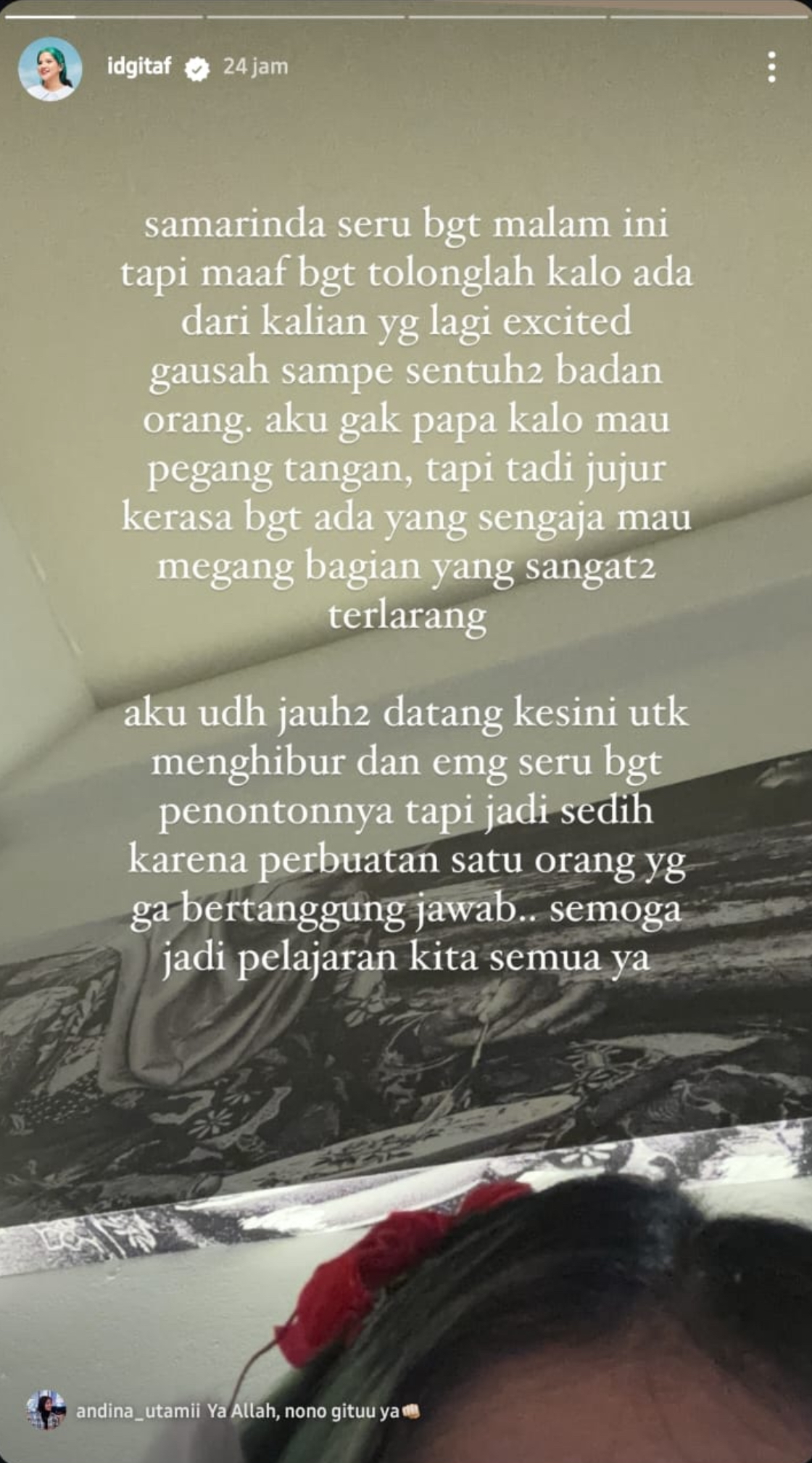 BAGIKAN PENGALAMAN: Idgitaf membagikan pengalaman pascamanggung di Samarinda pada Rabu (6/11/2024) lalu.